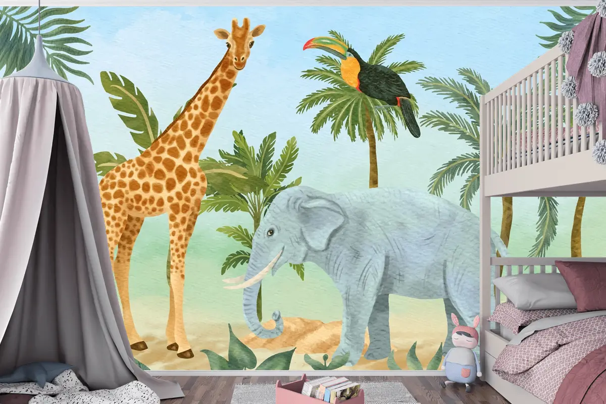 Suluboya Yaban Hayatı Arka Plan Çocuk Boys Çocuk Odası Duvar Kağıdı