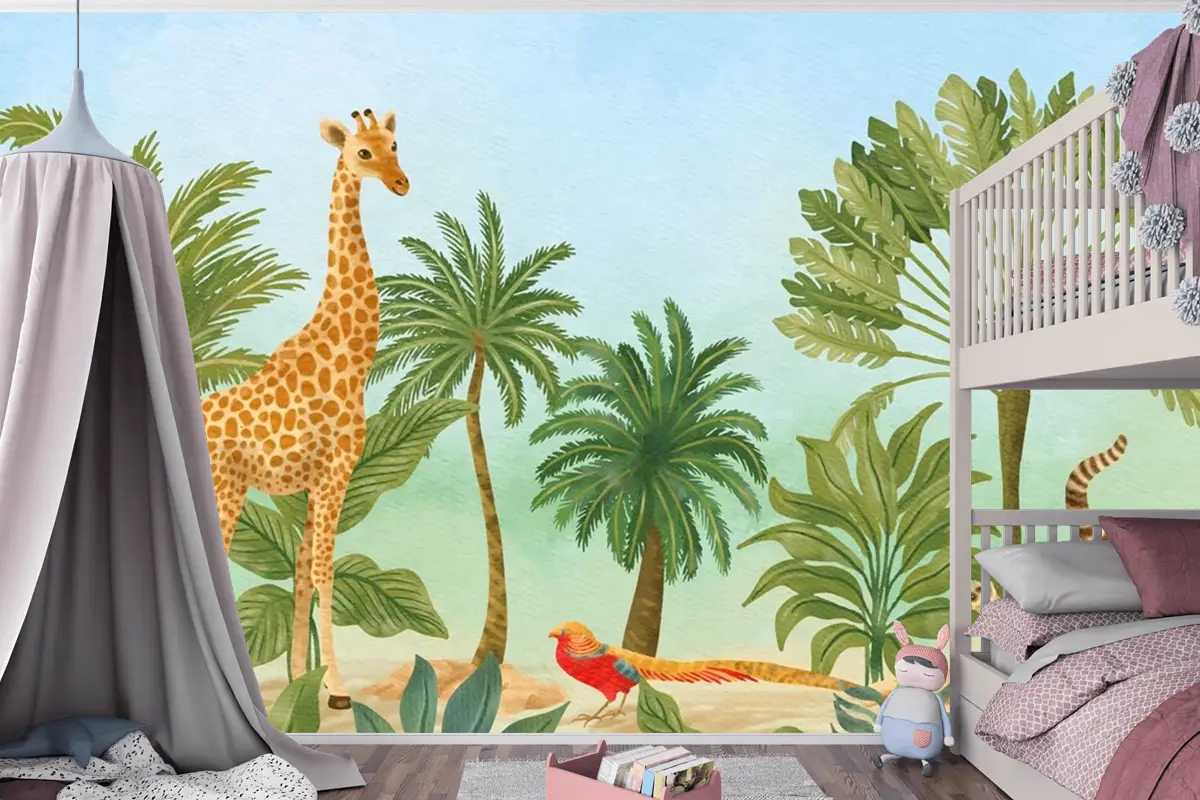 Suluboya Yaban Hayatı Arka Plan Çocuk Odası Duvar Kağıdı 