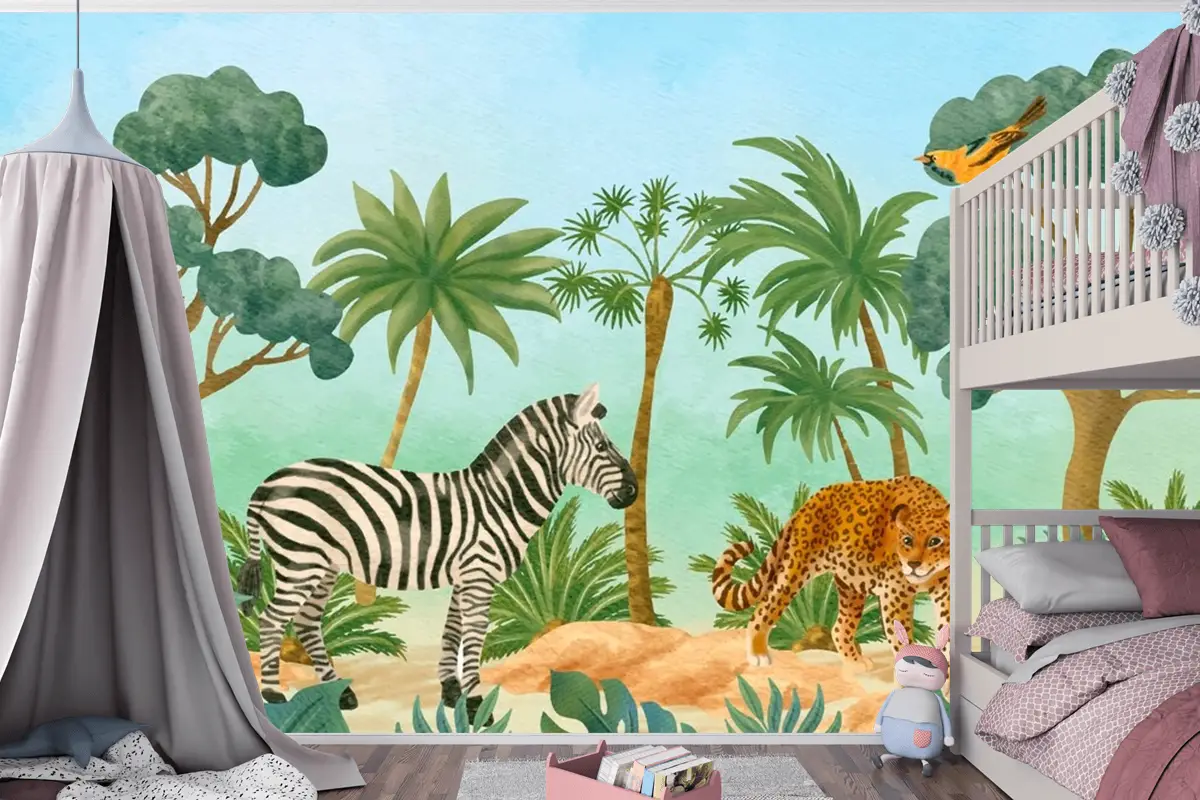 Suluboya Yaban Hayatı Arka Plan Çocuk Odası Duvar Kağıdı 