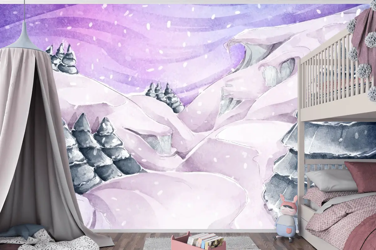 Çam Ağaçları Ile Suluboya Kış Manzarası Çocuk Odası Duvar Kağıdı