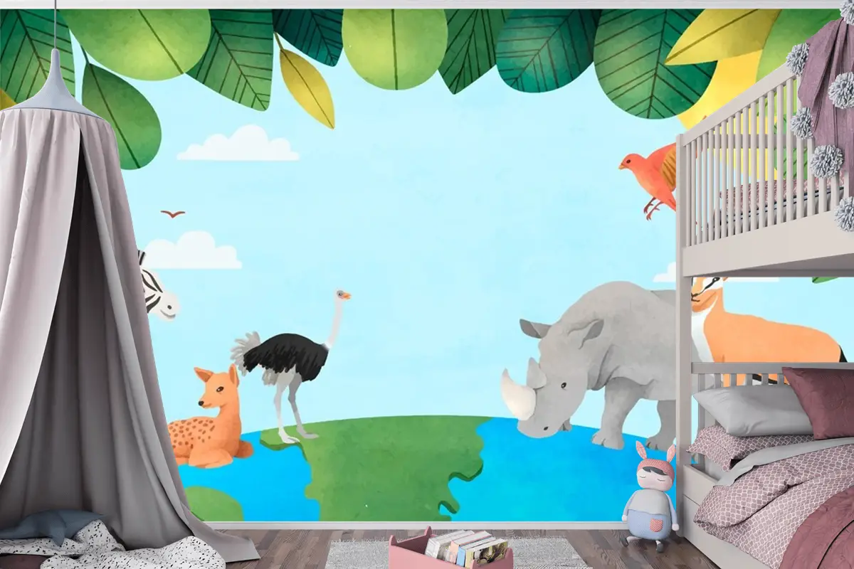 Suluboya Dünya Hayvan Günü Arka Plan Çocuk Odası Duvar Kağıdı 