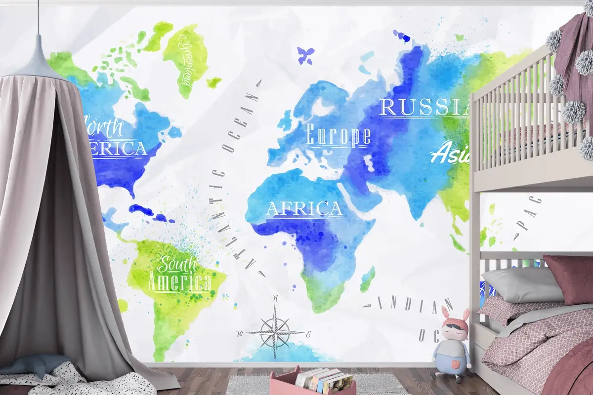 Suluboya Dünya Haritası Çocuk Odası Duvar Kağıdı 