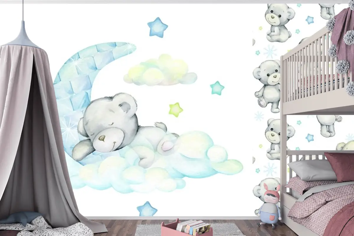 Beyaz Ayı Ay'da ve Bulutlarda Uyur Çocuk Odası Duvar Kağıdı