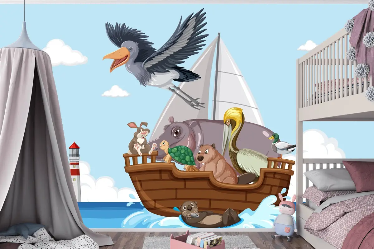 Bir Teknede Vahşi Hayvanlar Çocuk Odası Duvar Kağıdı