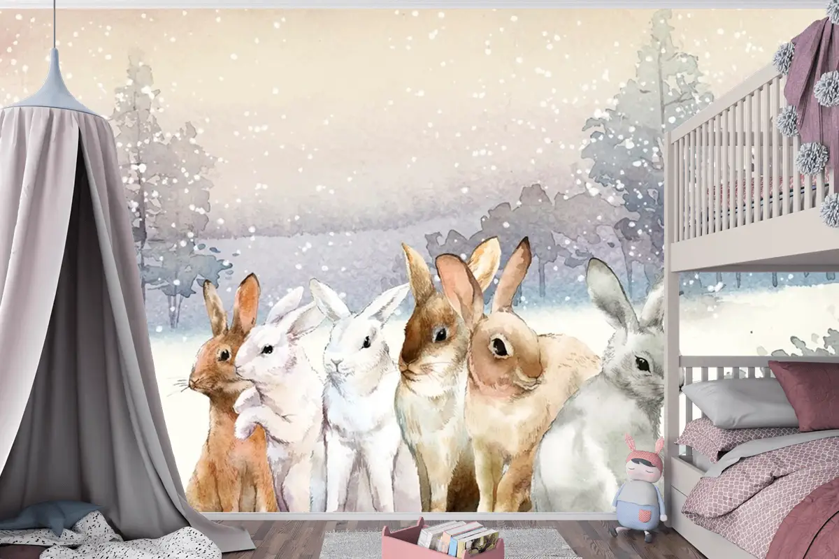 Kışın Karda Vahşi Tavşanlar Suluboya Çocuk Odası Duvar Kağıdı  Ile Boyanmış