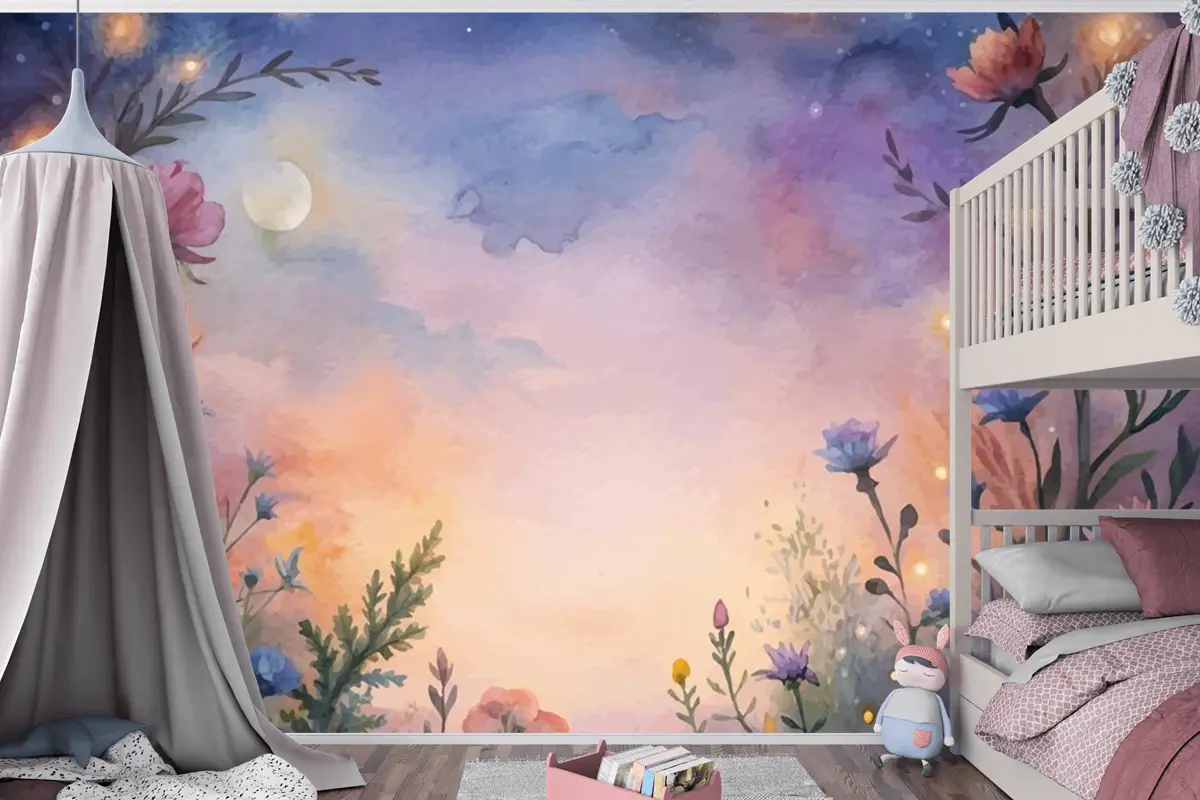 Gün Batımında Kır Çiçeği Suluboya Arka Plan Çocuk Odası Duvar Kağıdı