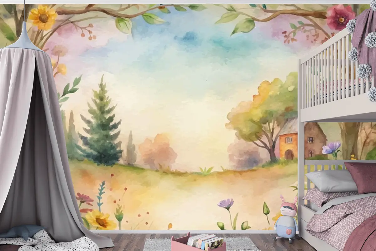 Kırsal Çocuk Odası Duvar Kağıdı Duvarında Kır Çiçeği Suluboya Arkaplan