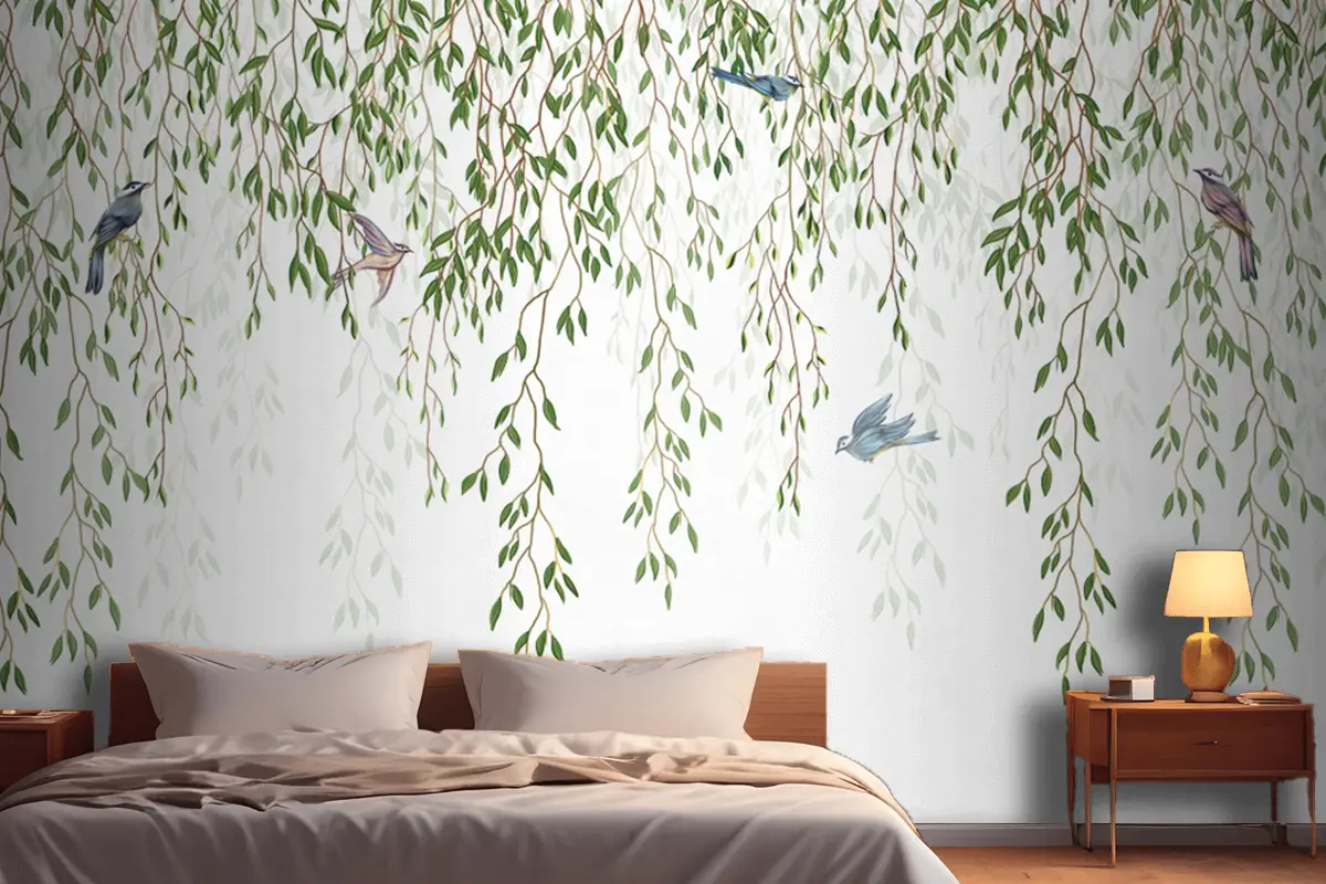 Yukarıdan Sarkan Söğüt Dalları Ve Beyaz Arka Planda Kuşlar Yatak Odası Duvar Kağıdı