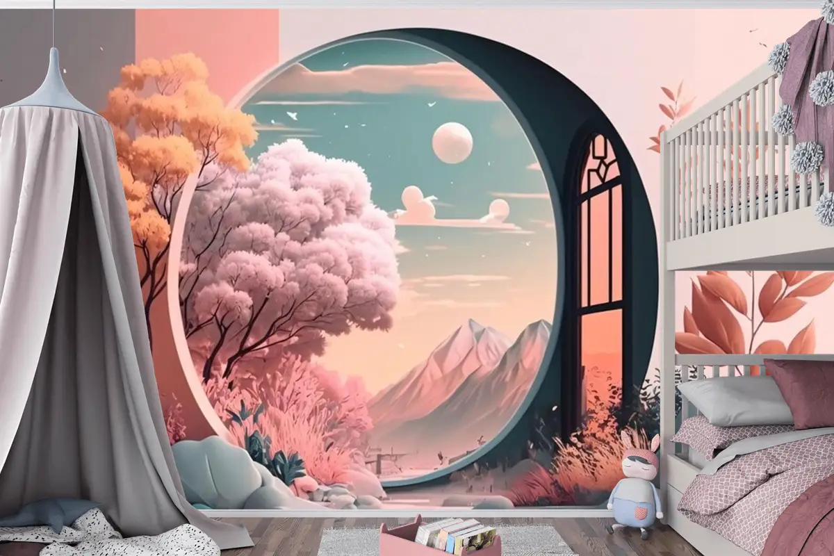 Manzara Manzaralı Pencere Çocuk Odası Duvar Kağıdı 