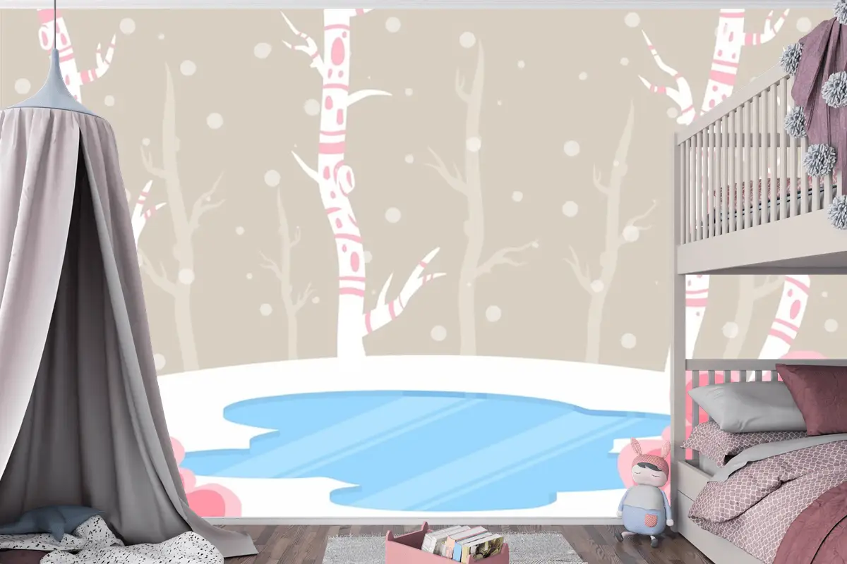 El Çizimi Çocuk Odası Duvar Kağıdı Duvarında Kış Konsepti