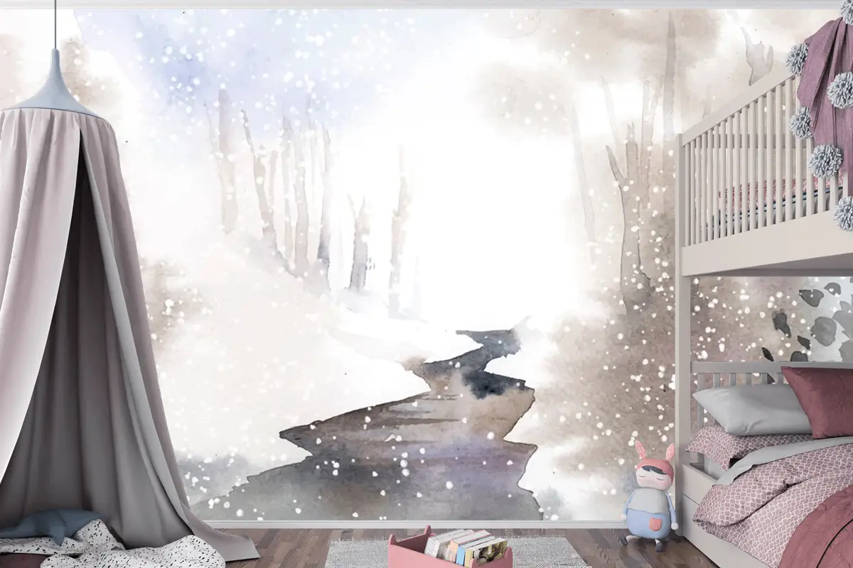 Kış Harikalar Diyarı Manzarası Suluboya Çocuk Odası Duvar Kağıdı  Ile Boyalı