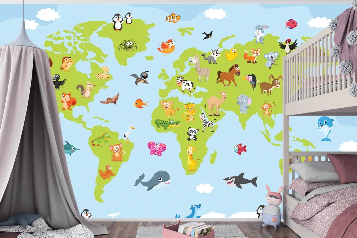 Karikatür Hayvanlı Dünya Haritası Çocuk Odası Duvar Kağıdı