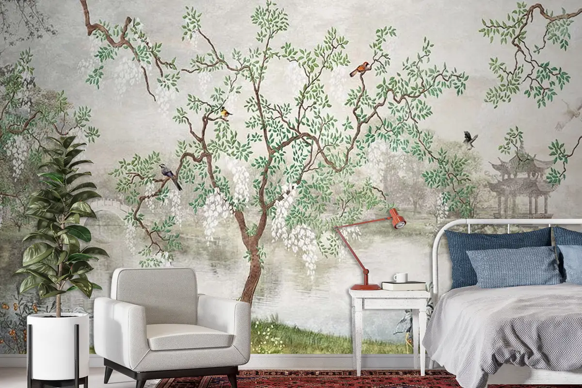 Yağlı Boya Tarz Ağaçlar ve Yapraklar Duvar Kağıdı