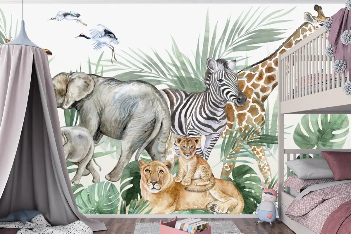 Yapraklar Tropikal Kuşlar Safari Hayvanları Çocuk Odası Duvar Kağıdı