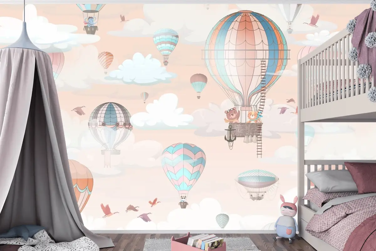 Yumuşak Pembe Sıcak Hava Balonları Bebek Odası Duvar Kağıdı