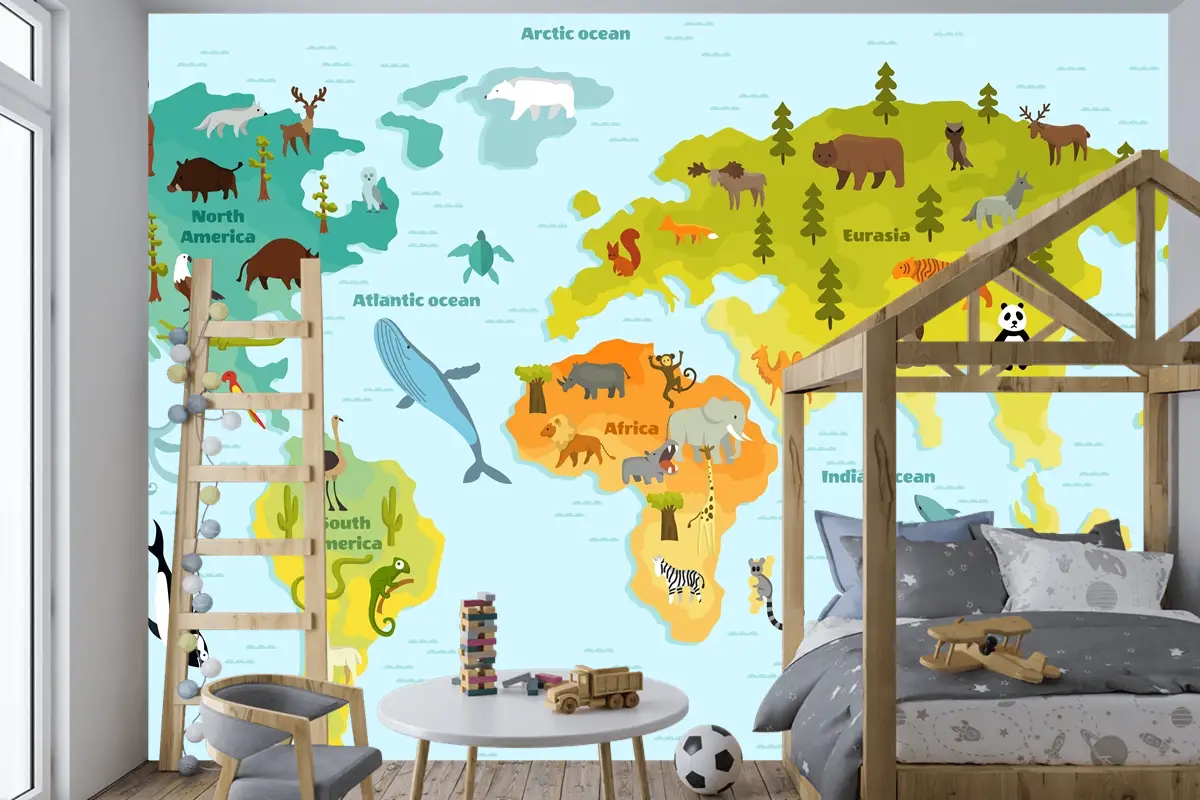 Kıtalar Çocuk Odası Duvar Kağıdı  Olan Çocuklar İçin Komik Karikatür Hayvan Dünya Haritası