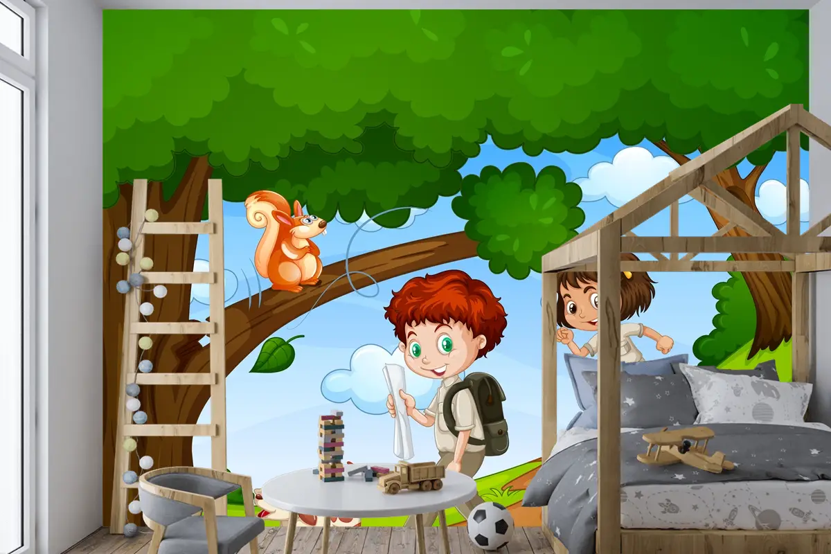 Erkek Ve Kız Sevimli Hayvan Sahnesi Çocuk Odası Duvar Kağıdı Yle Parkta Keyfini Çıkarıyor