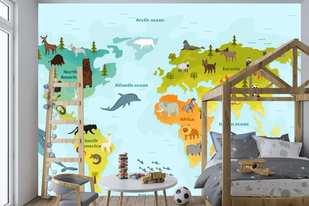 Farklı Hayvan Çocuk Odası Duvar Kağıdı  Ile Dünya Haritası