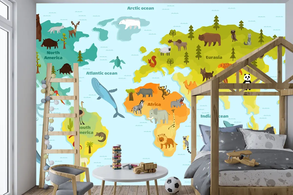 Farklı Hayvan Çocuk Odası Duvar Kağıdı  Ile Dünya Haritası