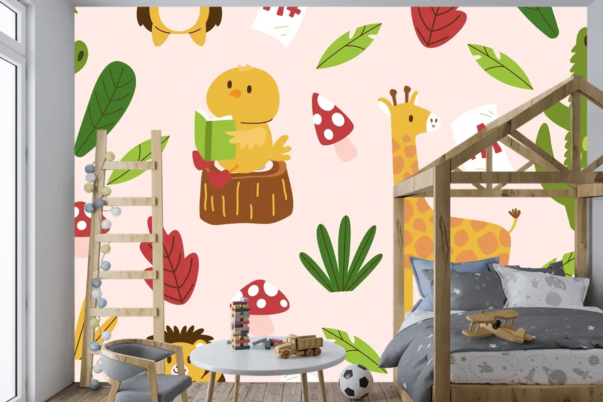 Elle Çizilmiş Çocuksu Hayvanlar Desen Çocuk Odası Duvar Kağıdı 