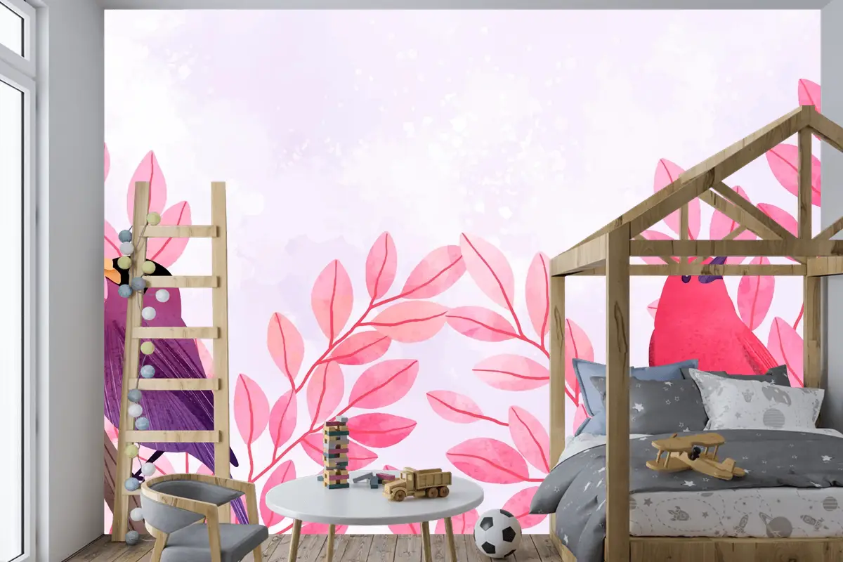 Dallarda Oturan Kuşların Güzel Suluboya Çocuk Odası Duvar Kağıdı