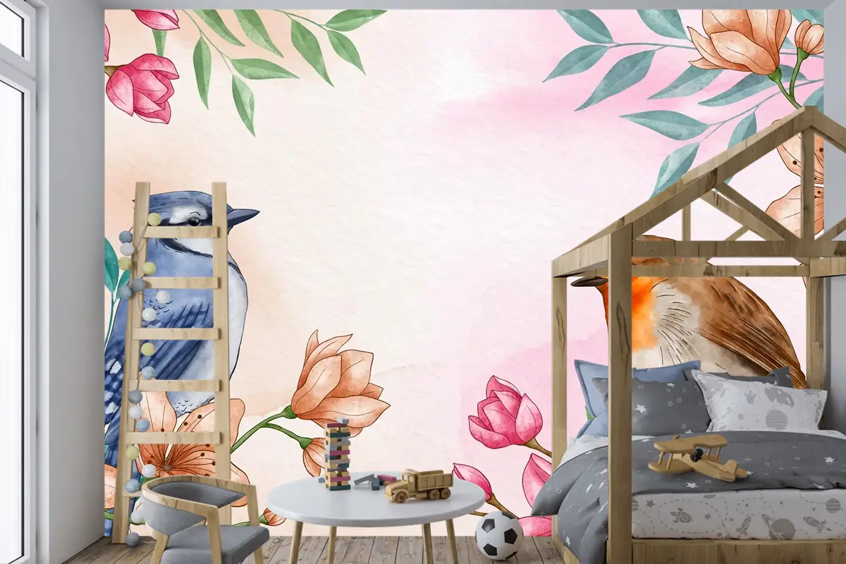 El Boyalı Suluboya Çiçek Kuşlar Arka Plan Çocuk Odası Duvar Kağıdı 