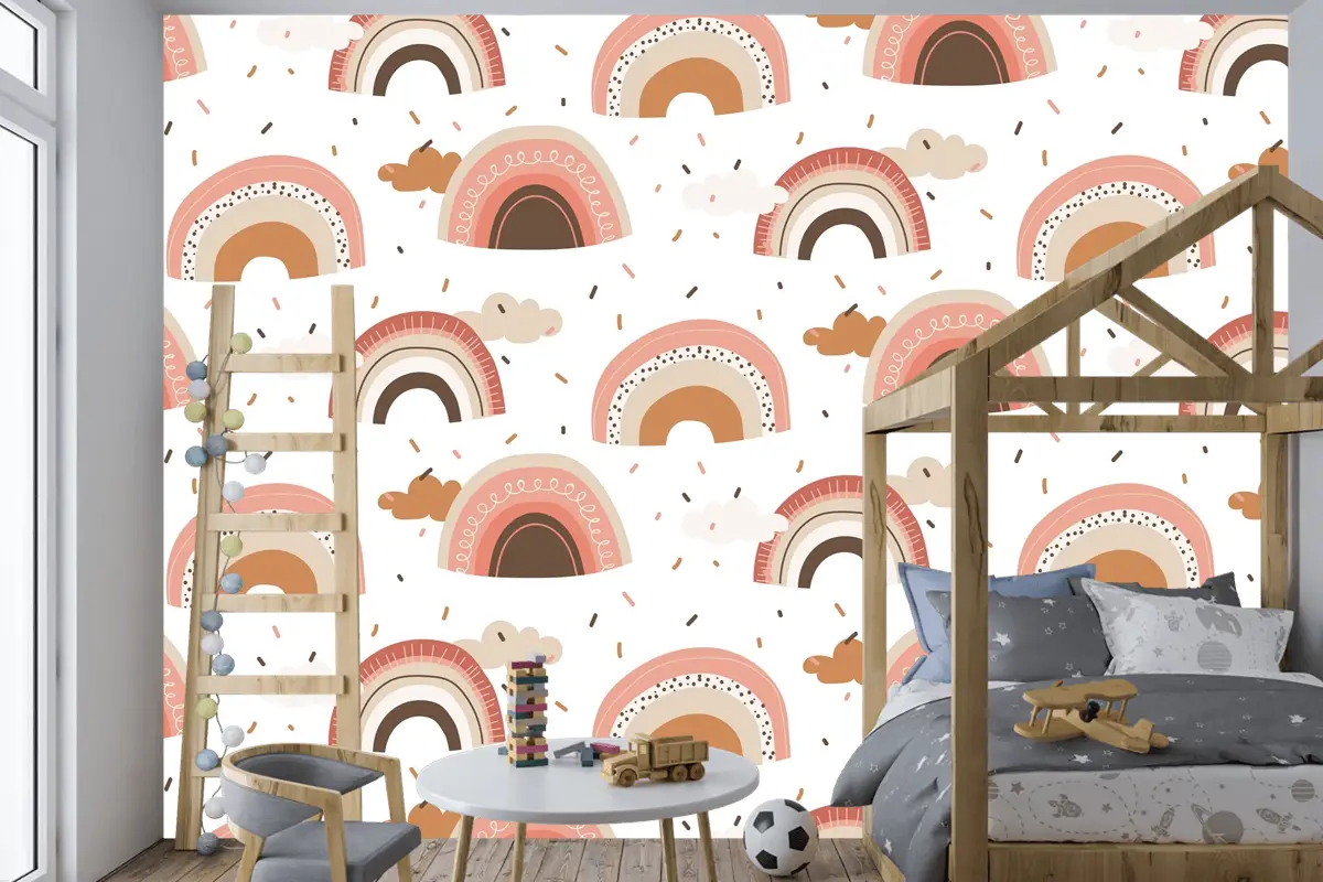 Elle Çizilmiş Gökkuşağı Desen Tasarımı Çocuk Odası Duvar Kağıdı