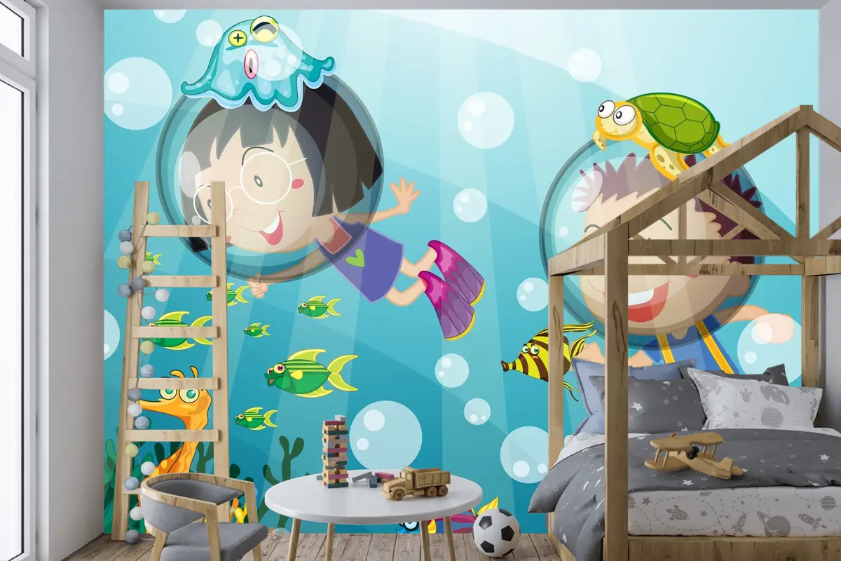 Mutlu Çocuklarla Sualtı Sahnesi Tüplü Dalış Çocuk Odası Duvar Kağıdı