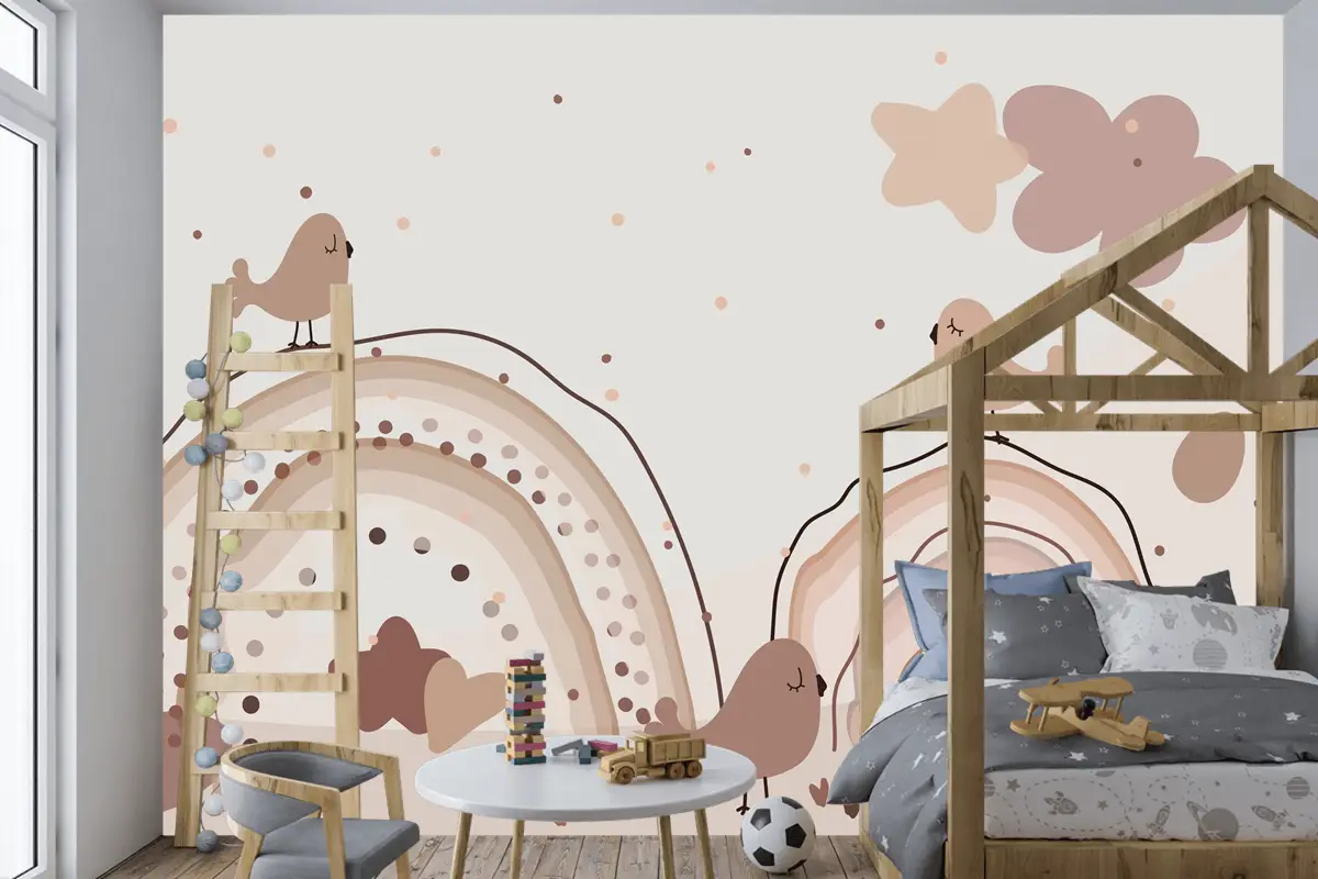 Suluboya Gökkuşağı Mutlu Paskalya Bej Çocuk Odası Duvar Kağıdı