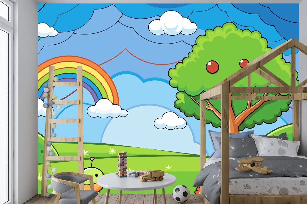 Çocuk Odası Duvar Kağıdı Nde Ağaç Ve Gökkuşağının Bulunduğu Renkli Bir Gökkuşağı Çizimi