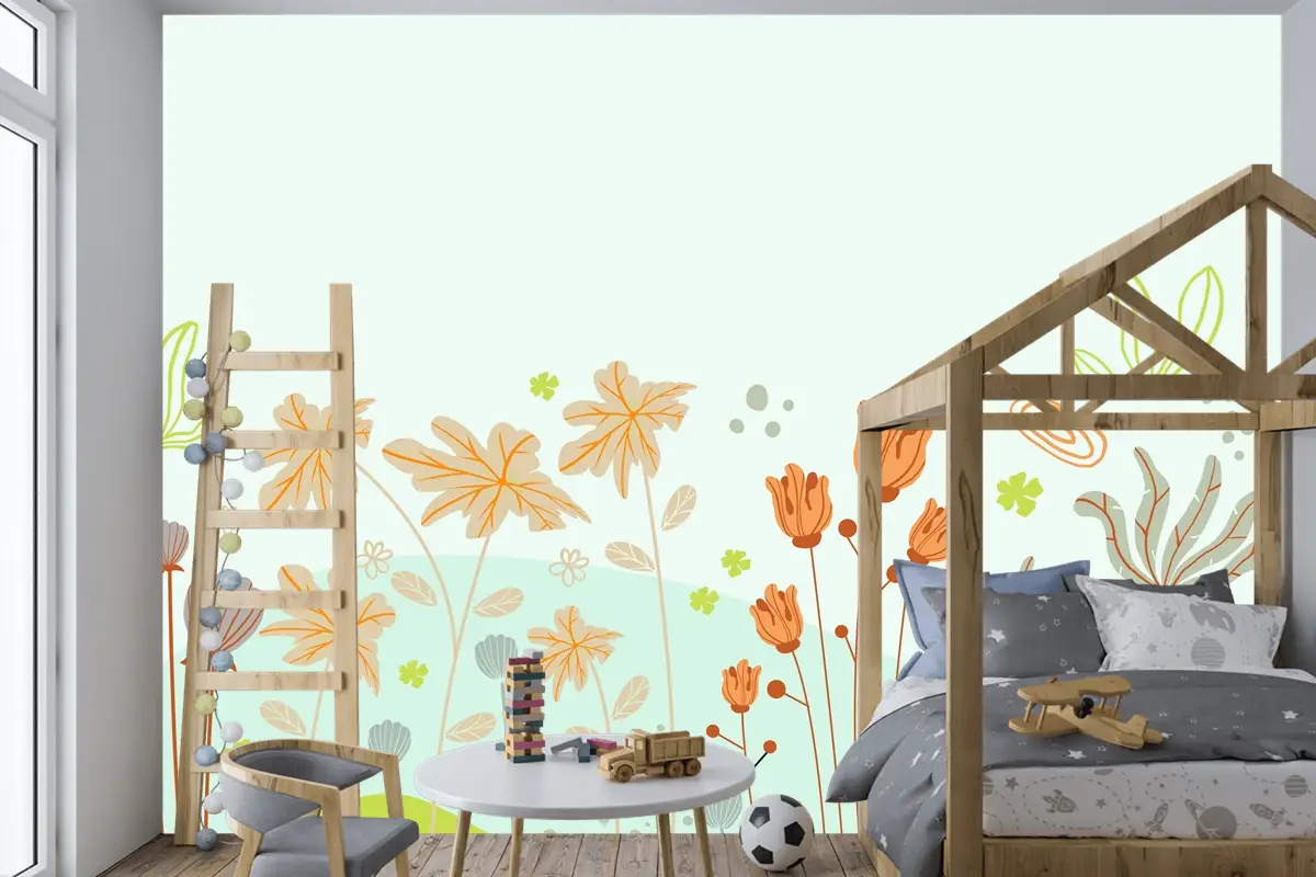 Güzel Ve Yaratıcı Çiçekli Çocuk Odası Duvar Kağıdı 