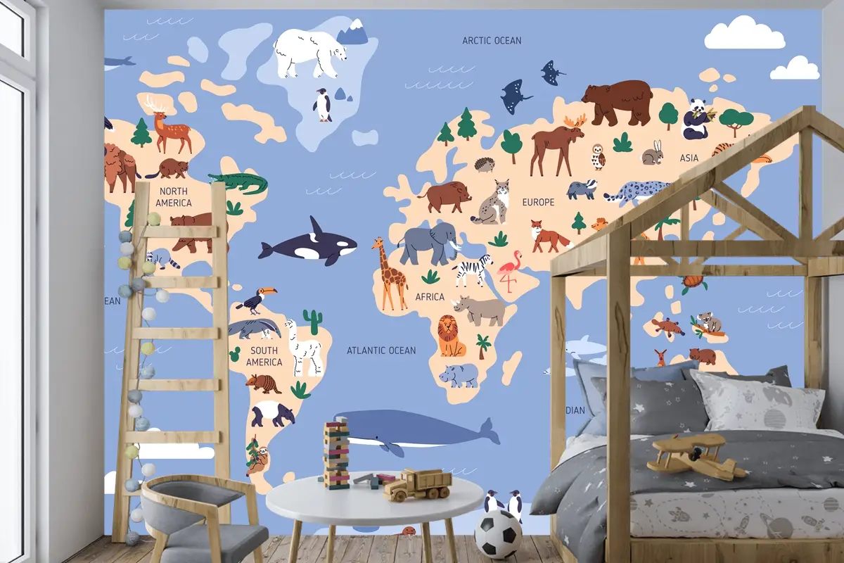 Suda Ve Yeryüzünde Hayvanların Bulunduğu Dünya Haritası Coğrafya Çocuk Odası Duvar Kağıdı