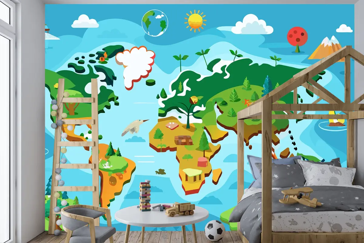 Farklı Ağaç Türleriyle Dünya Haritası İnteraktif Dünya Haritası Çocuk Odası Duvar Kağıdı