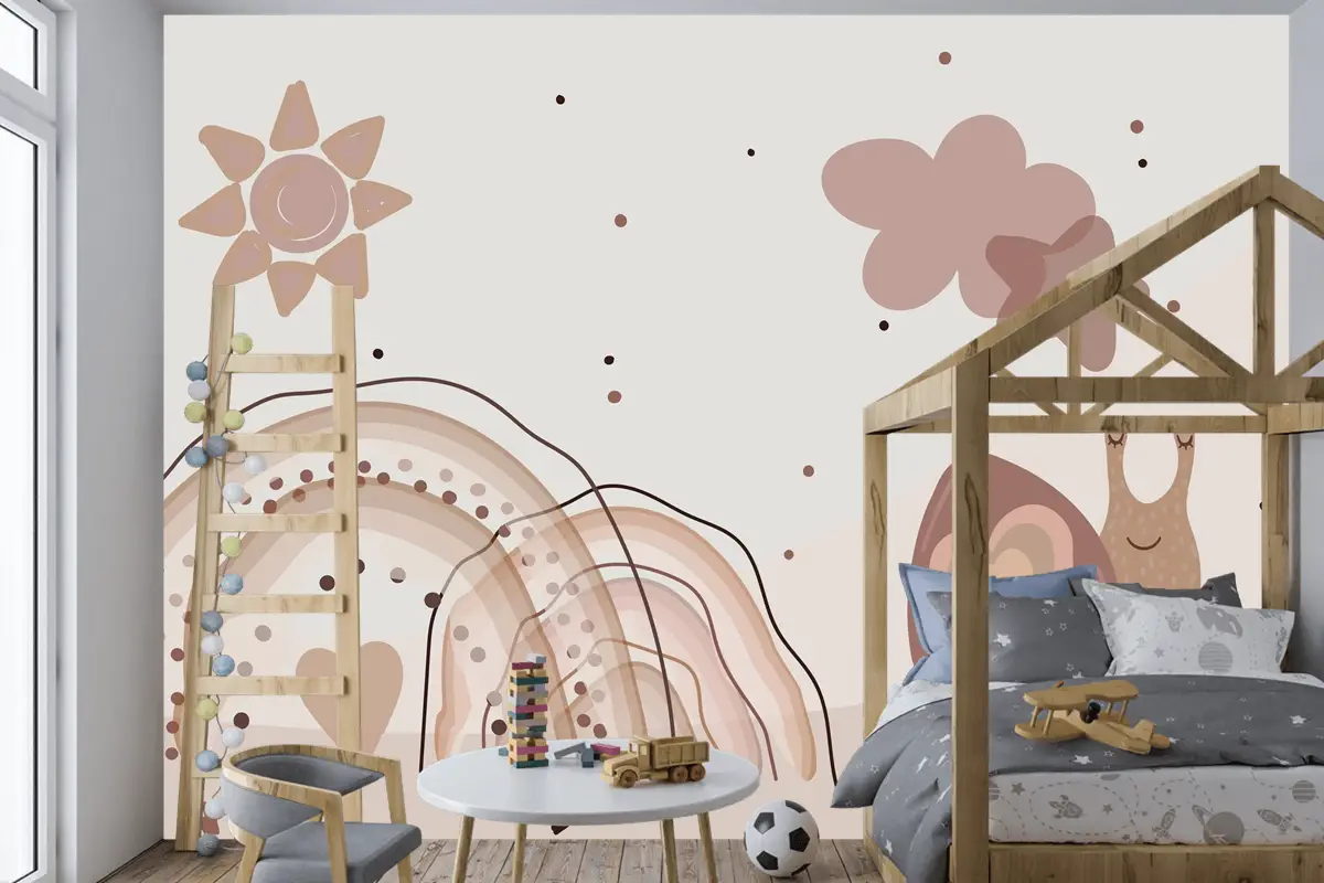Suluboya Gökkuşağı Ve Salyangoz Bej Çocuk Odası Duvar Kağıdı