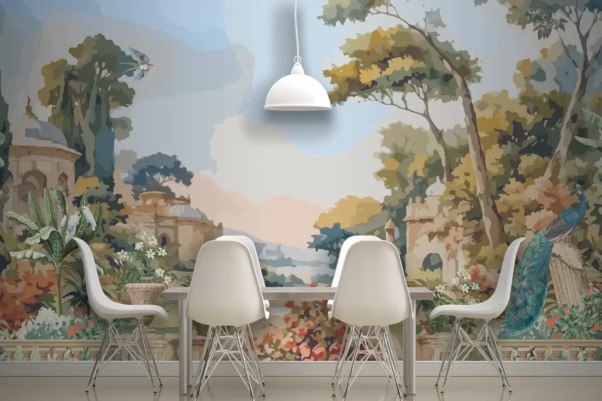 Suluboya Duvar Kağıdı Duvarında Tavus Kuşu Ve Akdeniz Mimarisi Ile Victoria Bahçesi