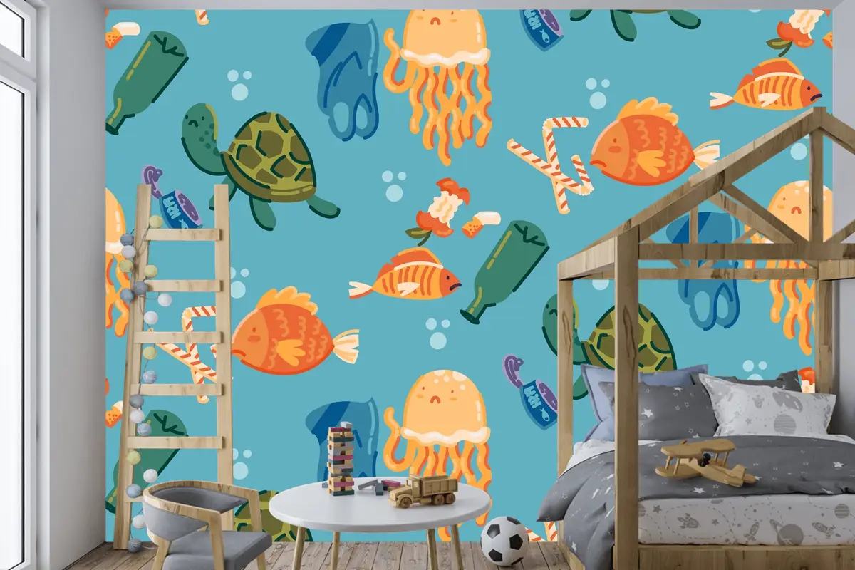 Elle Çizilmiş Okyanusları Kurtar Desen Çocuk Odası Duvar Kağıdı 