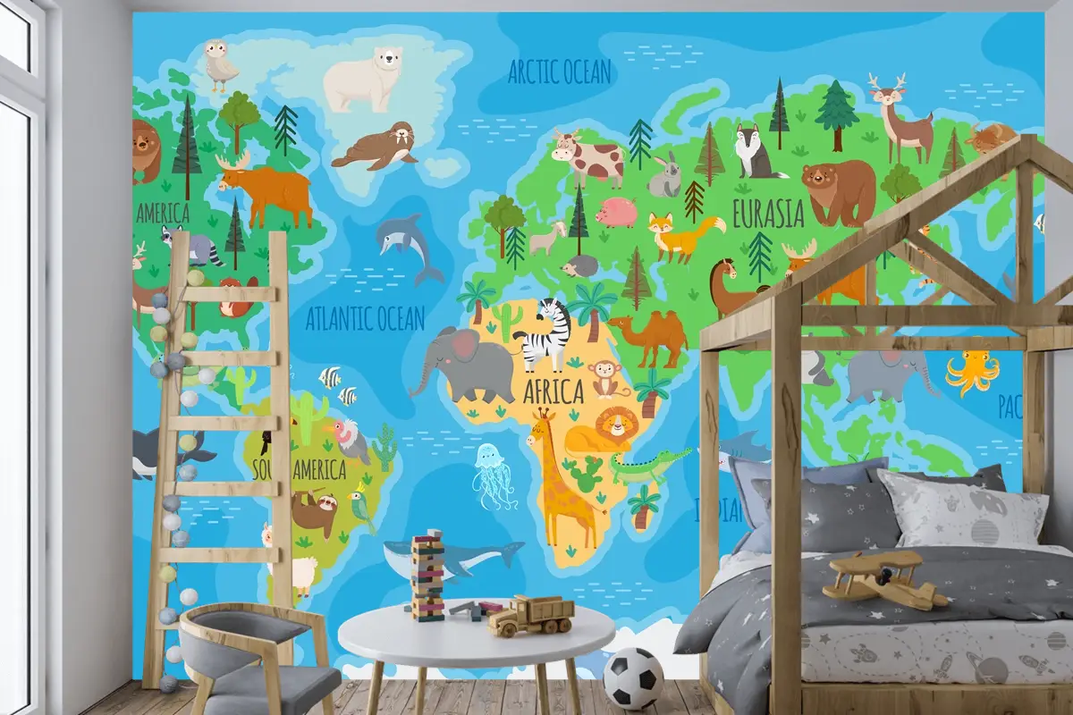 Orman Hayvanları Çocuk Odası Duvar Kağıdı Ile Çocuk Odası İçin Karikatür Dünya Haritası