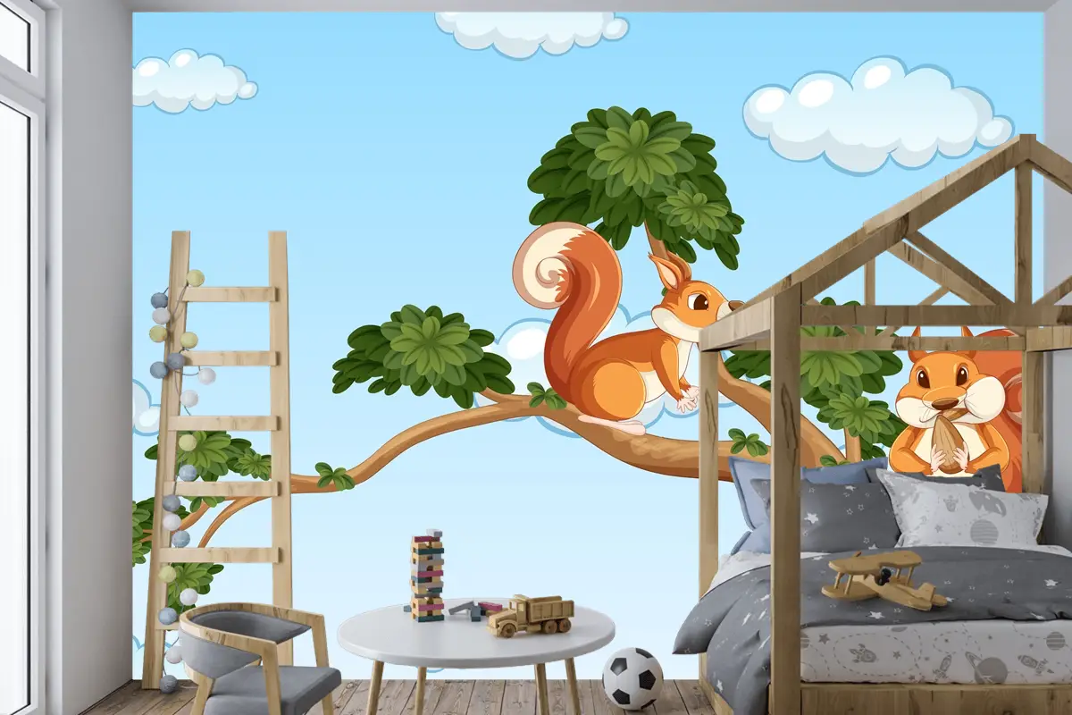 Daldaki İki Sincap Çocuk Odası Duvar Kağıdı