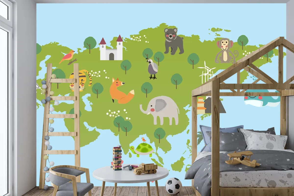 Yaban Hayatı Habitatlarının Çizim Stili Seti Çocuk Odası Duvar Kağıdı