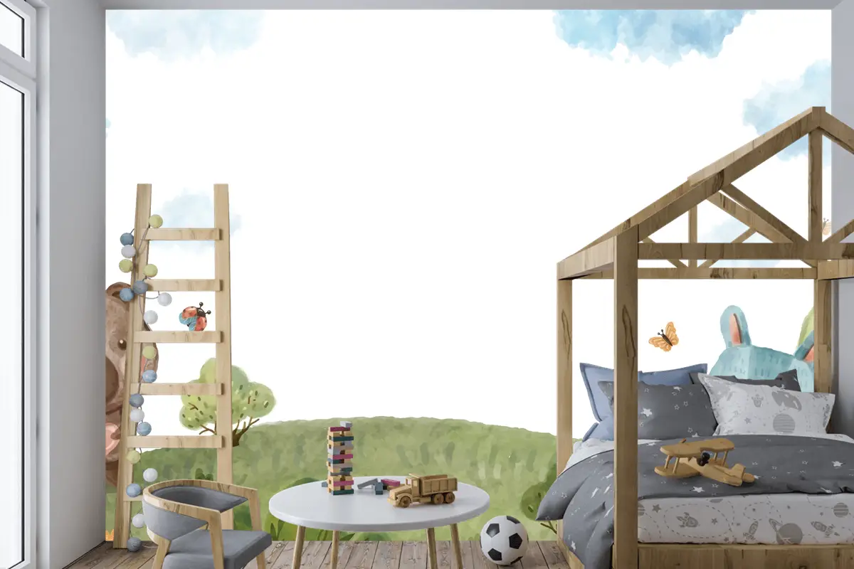 Suluboya Yaban Hayatı Arka Plan Çocuk Odası Duvar Kağıdı 