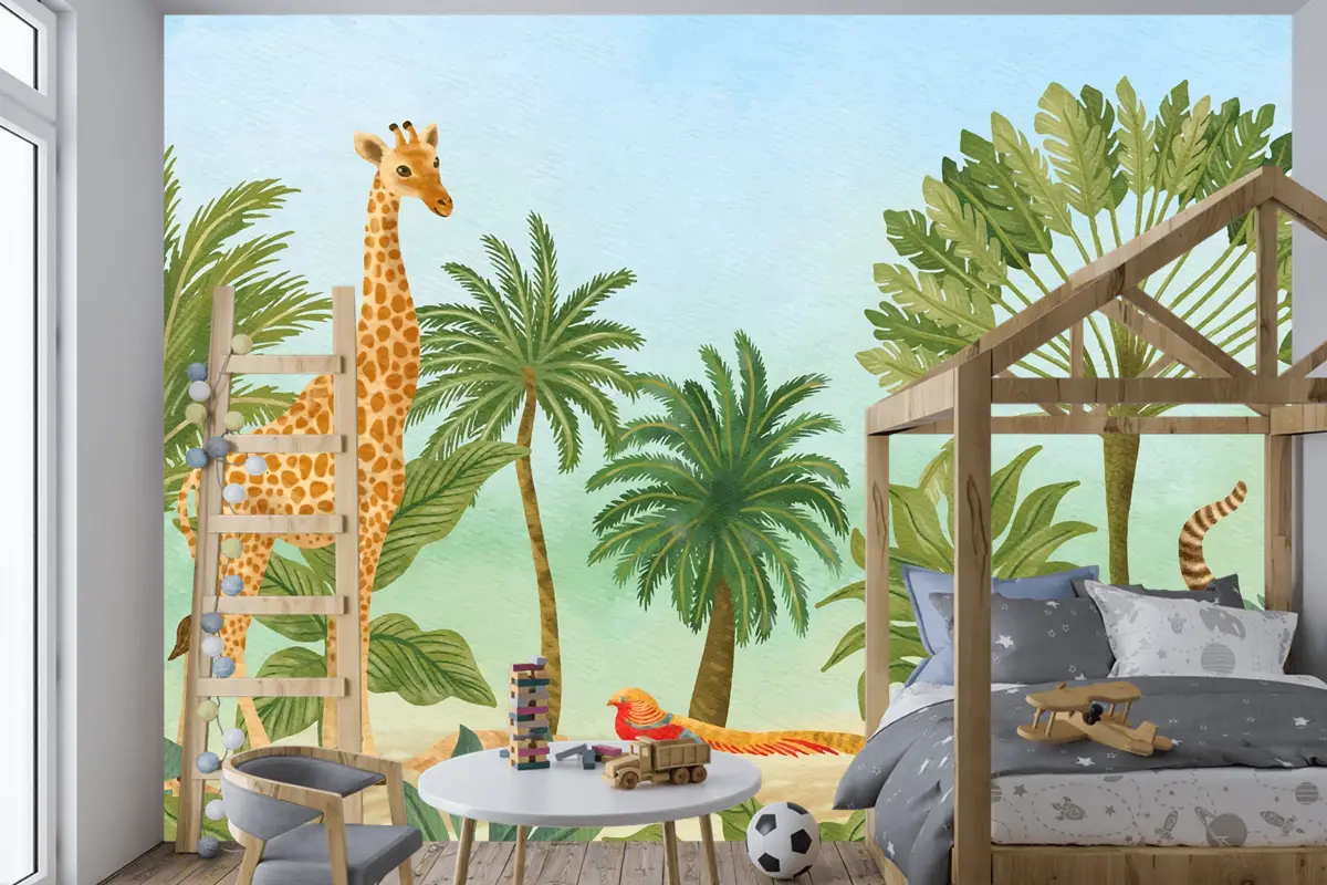 Suluboya Yaban Hayatı Arka Plan Çocuk Odası Duvar Kağıdı 