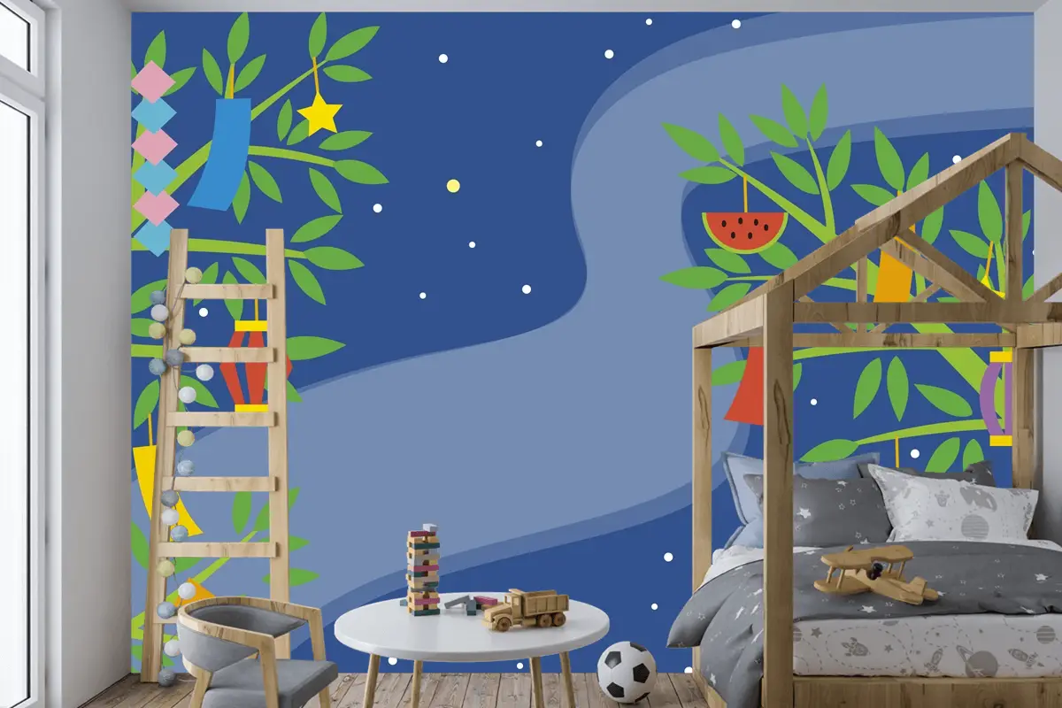 Dallarda Süslemeli Düz Tanabata Arkaplan Çocuk Odası Duvar Kağıdı