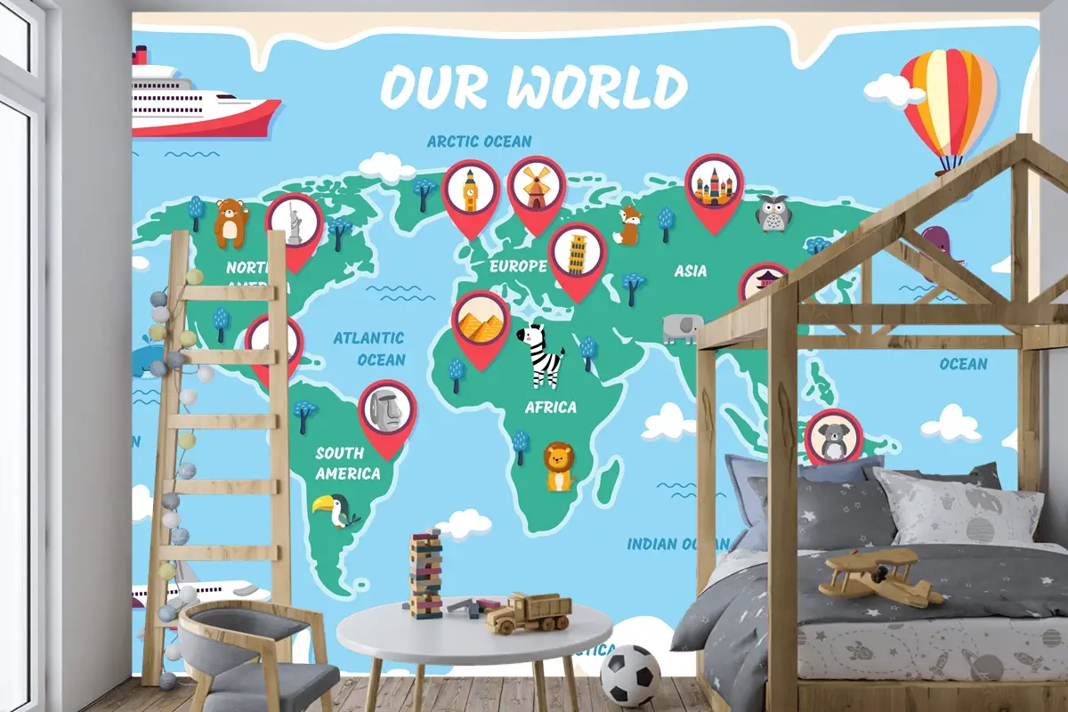 Elle Çizilmiş Çocuk Haritası Çocuk Odası Duvar Kağıdı