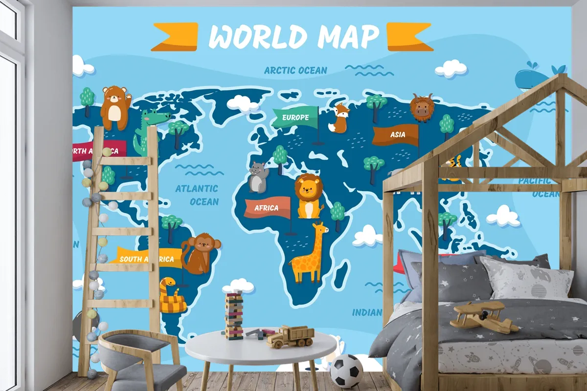 Elle Çizilmiş Çocuk Haritası Çocuk Odası Duvar Kağıdı
