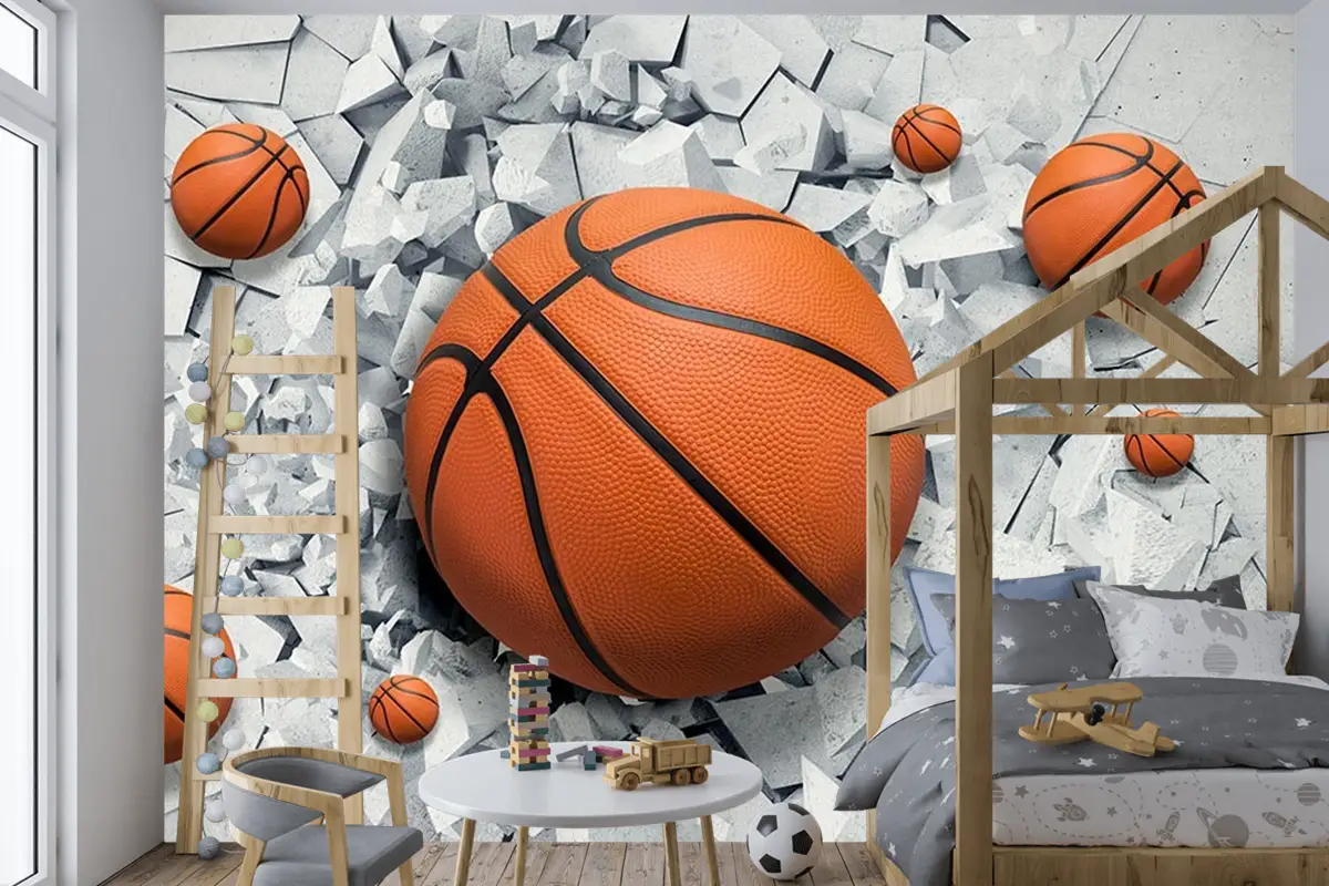 3 Boyutlu Çatlak Duvar Içinde Basketbol Topu Çocuk Odası Duvar Kağıdı