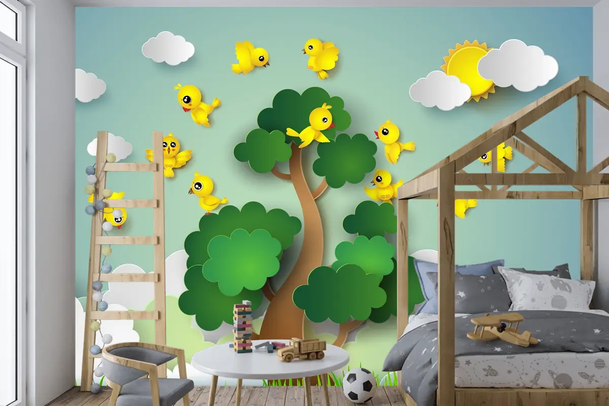Ağacın Etrafında Uçan Kuş Çocuk Odası Duvar Kağıdı