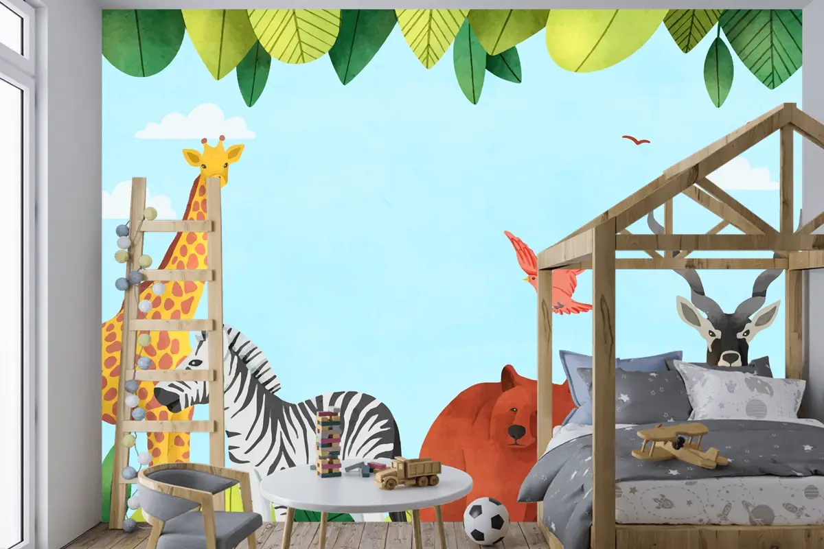 Suluboya Dünya Hayvan Günü Arka Plan Çocuk Odası Duvar Kağıdı 