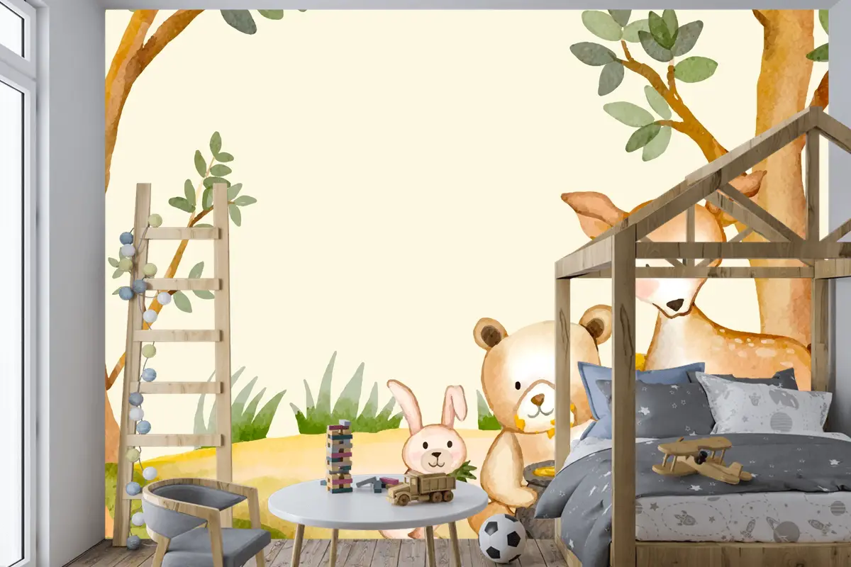 Suluboya Orman Hayvanları Arka Plan Çocuk Odası Duvar Kağıdı 