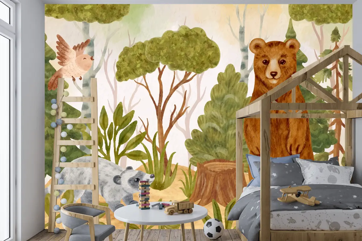 Suluboya Orman Hayvanları Arka Plan Çocuk Odası Duvar Kağıdı 