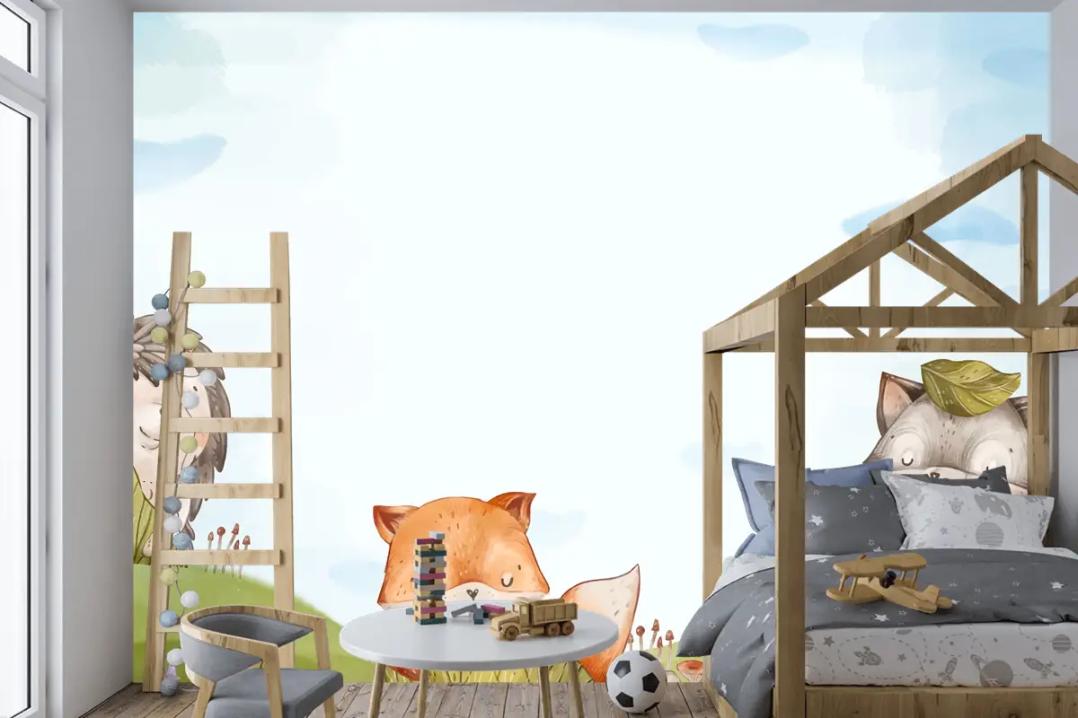 Suluboya Orman Hayvanları Arka Plan Çocuk Odası Duvar Kağıdı 